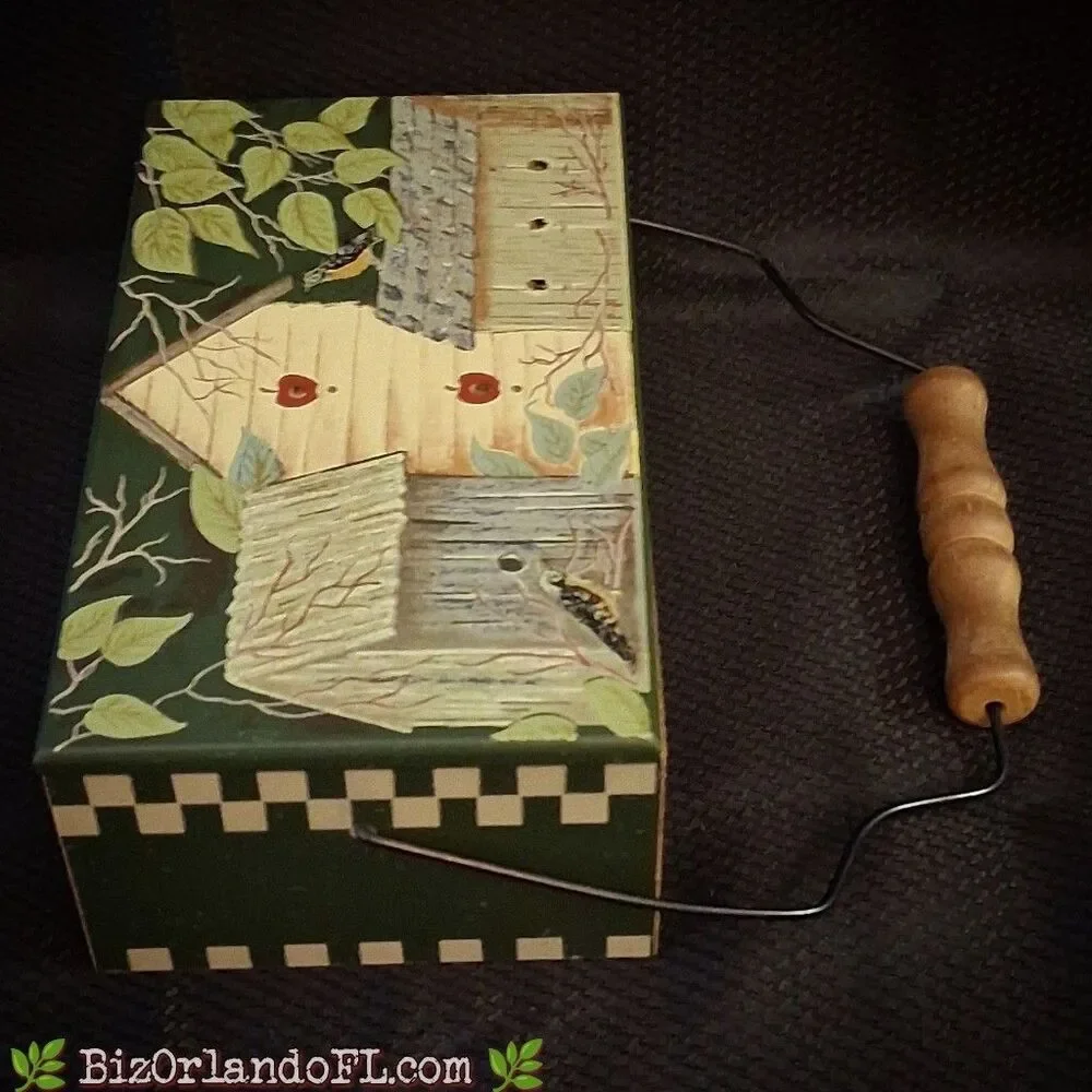 VINTAGE: Handpainted Wooden Folk Art Box Birdhouse Scene Wire Handle Wooden Grip